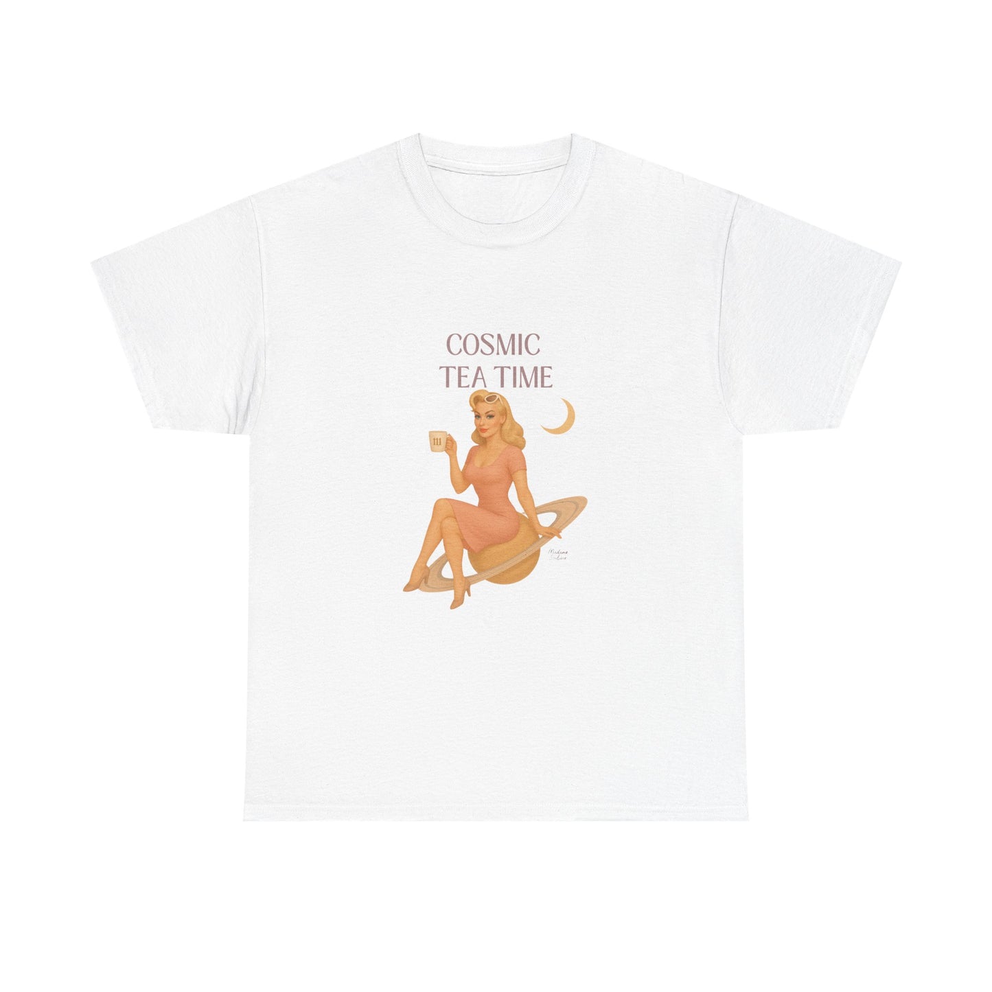 Cosmic Tea Time 111 Unisex T-Shirt – Retro Vintage Graphic Tee, Angel Number Shirt, Spiritual Pin Up Top, Unisex Cosmic Vibes Tee - Madame Soulière