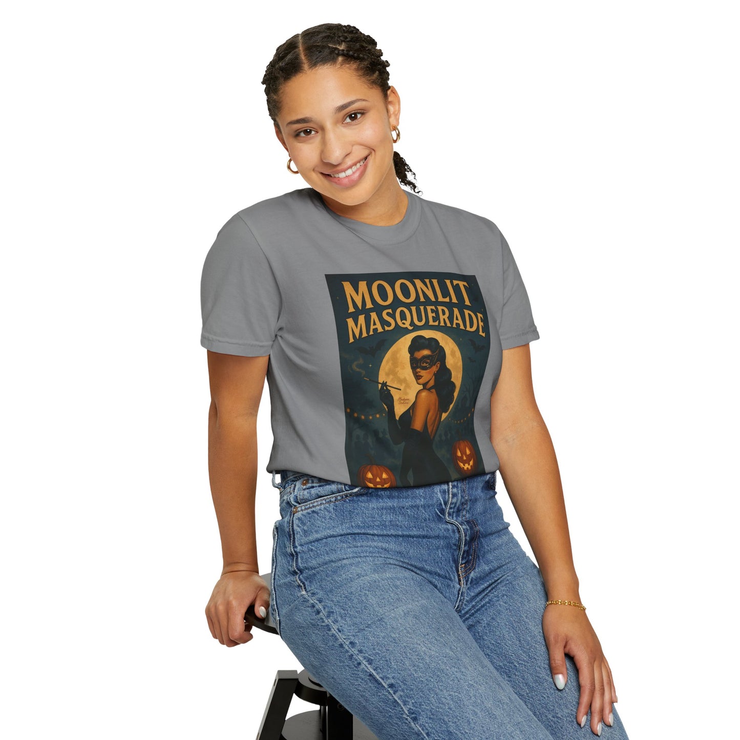 Moonlit Masquerade Halloween Unisex T-Shirt – Retro Vintage Masquerade Ball Graphic Tee, Spooky Horror Top - Madame Soulière