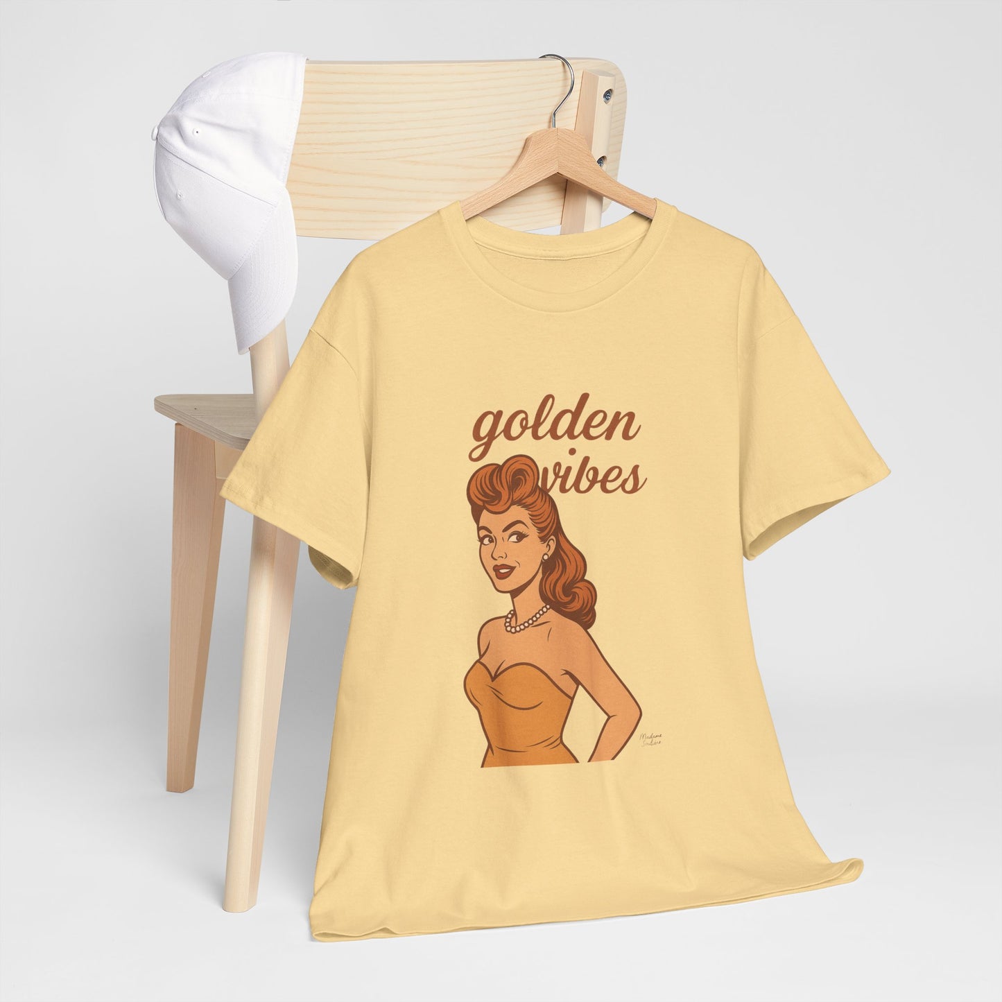 Golden Vibes – Retro Pin-Up Graphic Tee | Unisex Vintage Aesthetic T-Shirt - Madame Soulière