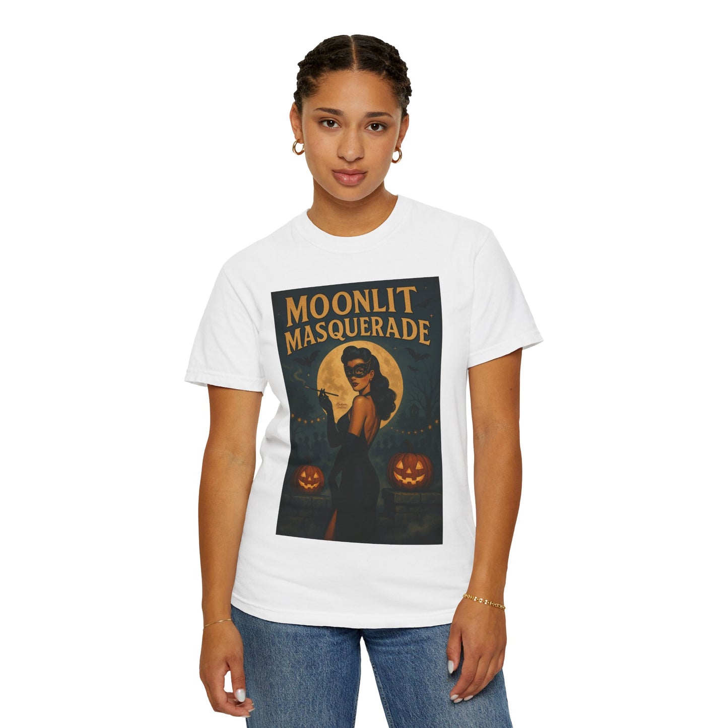 Moonlit Masquerade Halloween Unisex T-Shirt – Retro Vintage Masquerade Ball Graphic Tee, Spooky Horror Top - Madame Soulière
