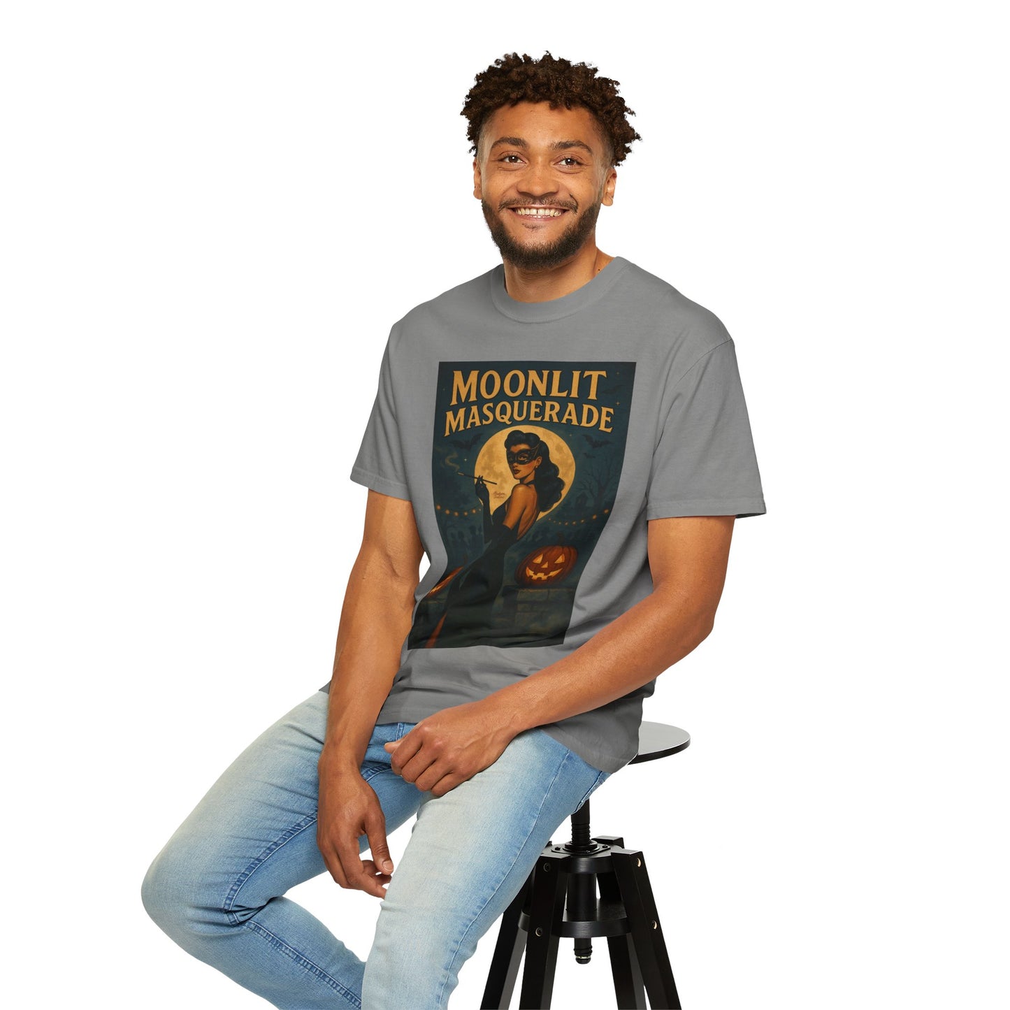 Moonlit Masquerade Halloween Unisex T-Shirt – Retro Vintage Masquerade Ball Graphic Tee, Spooky Horror Top - Madame Soulière