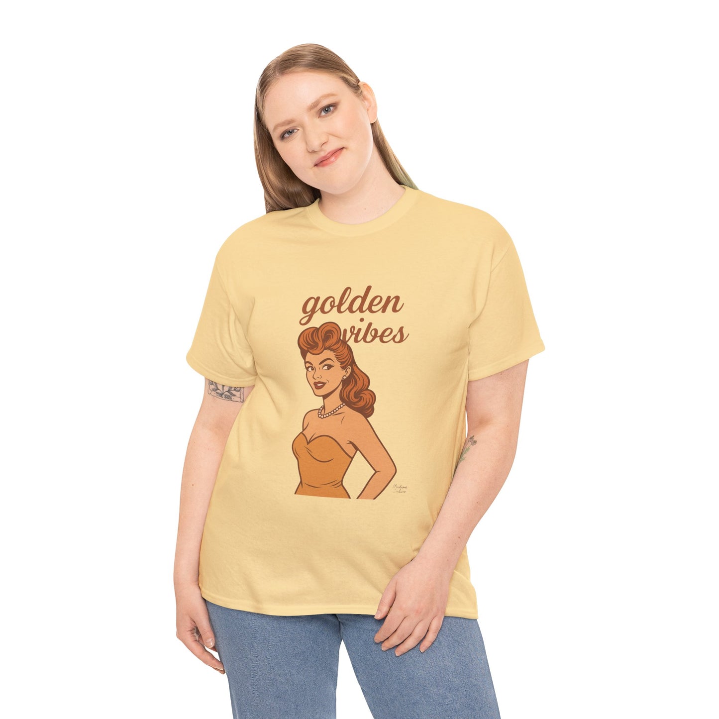 Golden Vibes – Retro Pin-Up Graphic Tee | Unisex Vintage Aesthetic T-Shirt - Madame Soulière