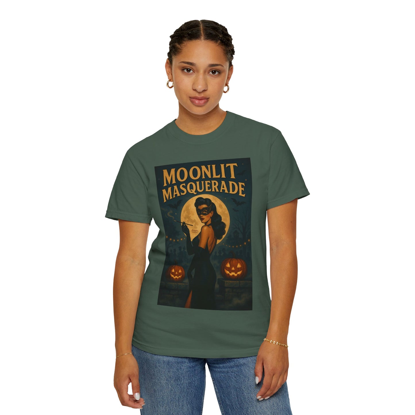 Moonlit Masquerade Halloween Unisex T-Shirt – Retro Vintage Masquerade Ball Graphic Tee, Spooky Horror Top - Madame Soulière
