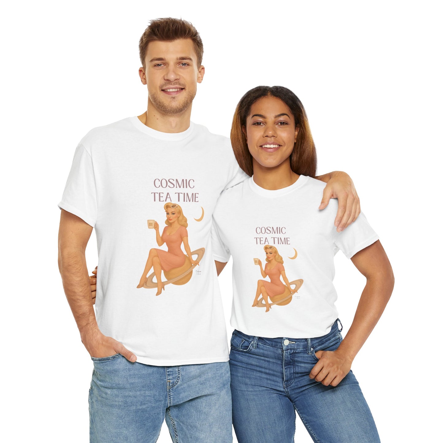 Cosmic Tea Time 111 Unisex T-Shirt – Retro Vintage Graphic Tee, Angel Number Shirt, Spiritual Pin Up Top, Unisex Cosmic Vibes Tee - Madame Soulière