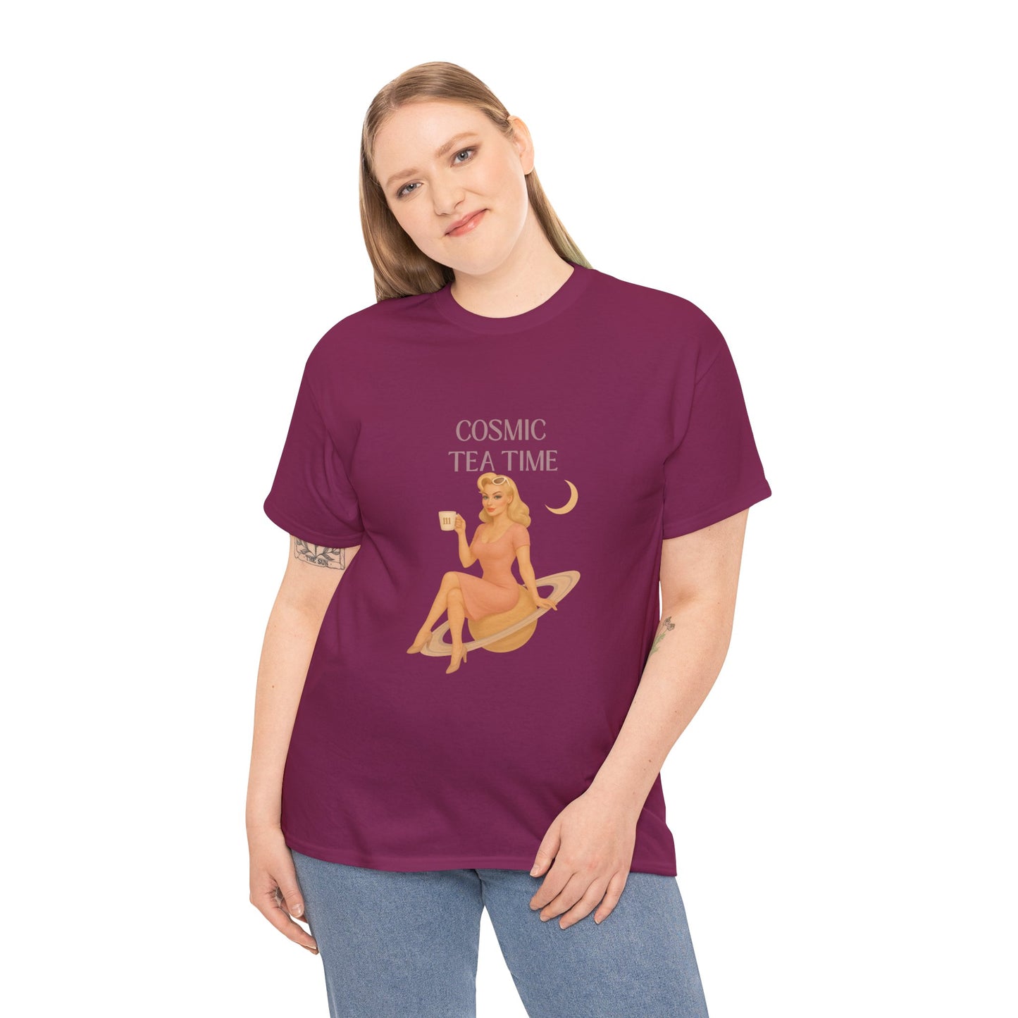 Cosmic Tea Time 111 Unisex T-Shirt – Retro Vintage Graphic Tee, Angel Number Shirt, Spiritual Pin Up Top, Unisex Cosmic Vibes Tee - Madame Soulière