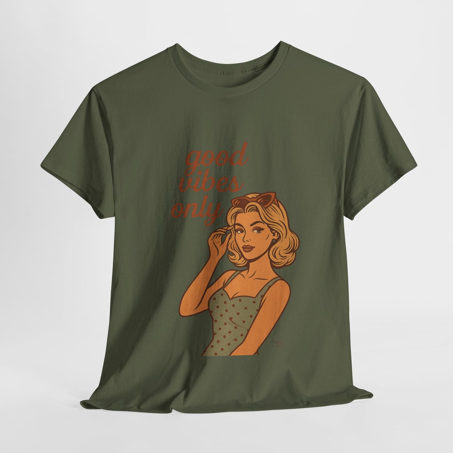 Retro Graphic Unisex T-Shirt – Good Vibes Only Vintage Pin Up Tee, 50s Inspired Feminine Empowerment Top, Spiritual Positive Energy Shirt - Madame Soulière