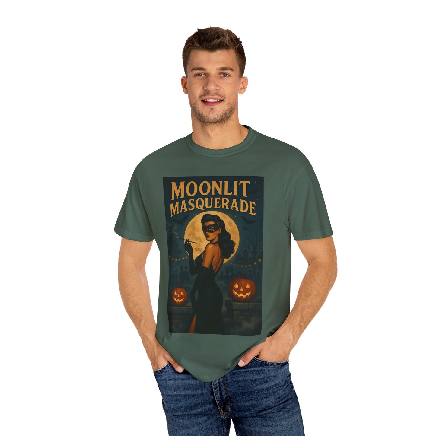 Moonlit Masquerade Halloween Unisex T-Shirt – Retro Vintage Masquerade Ball Graphic Tee, Spooky Horror Top - Madame Soulière