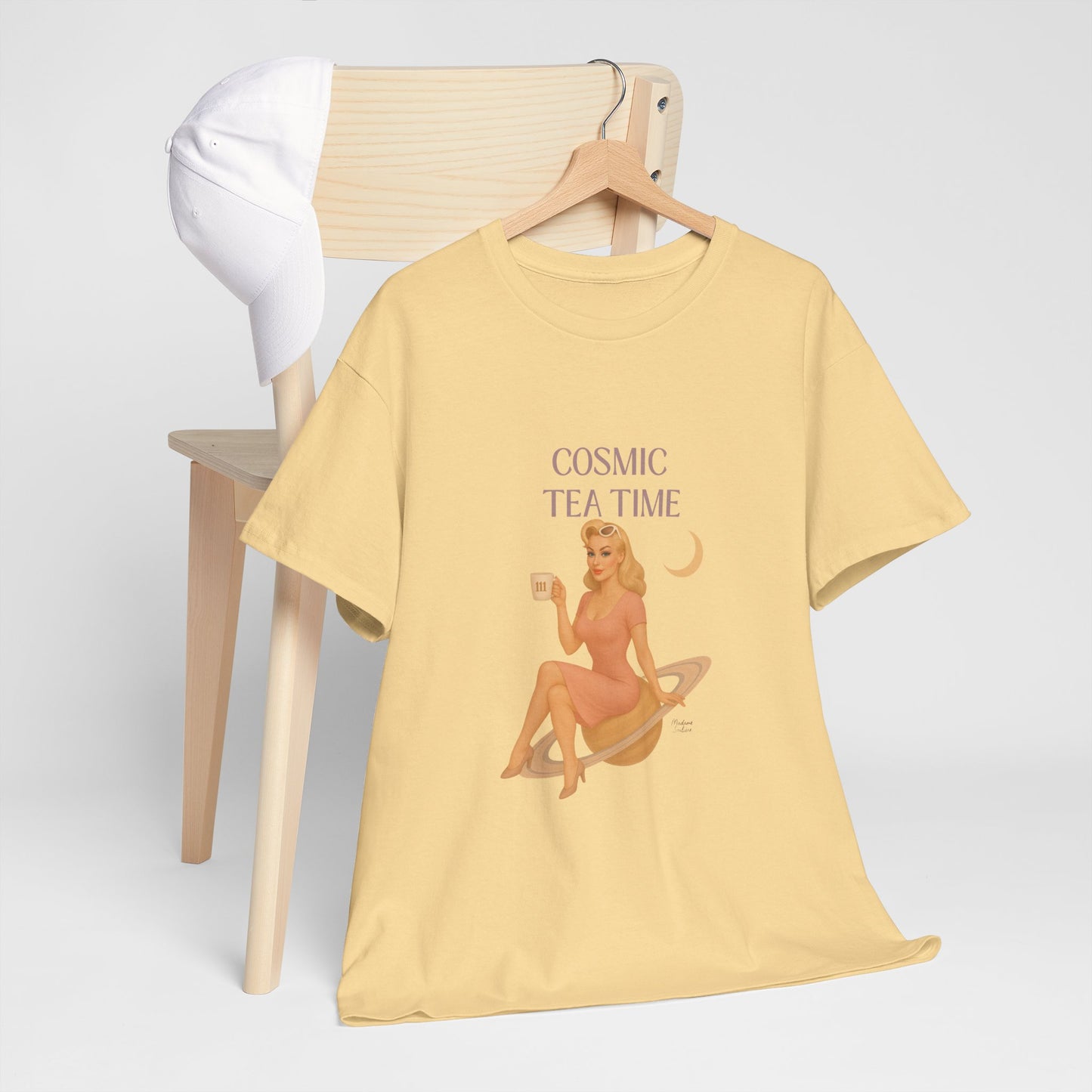 Cosmic Tea Time 111 Unisex T-Shirt – Retro Vintage Graphic Tee, Angel Number Shirt, Spiritual Pin Up Top, Unisex Cosmic Vibes Tee - Madame Soulière