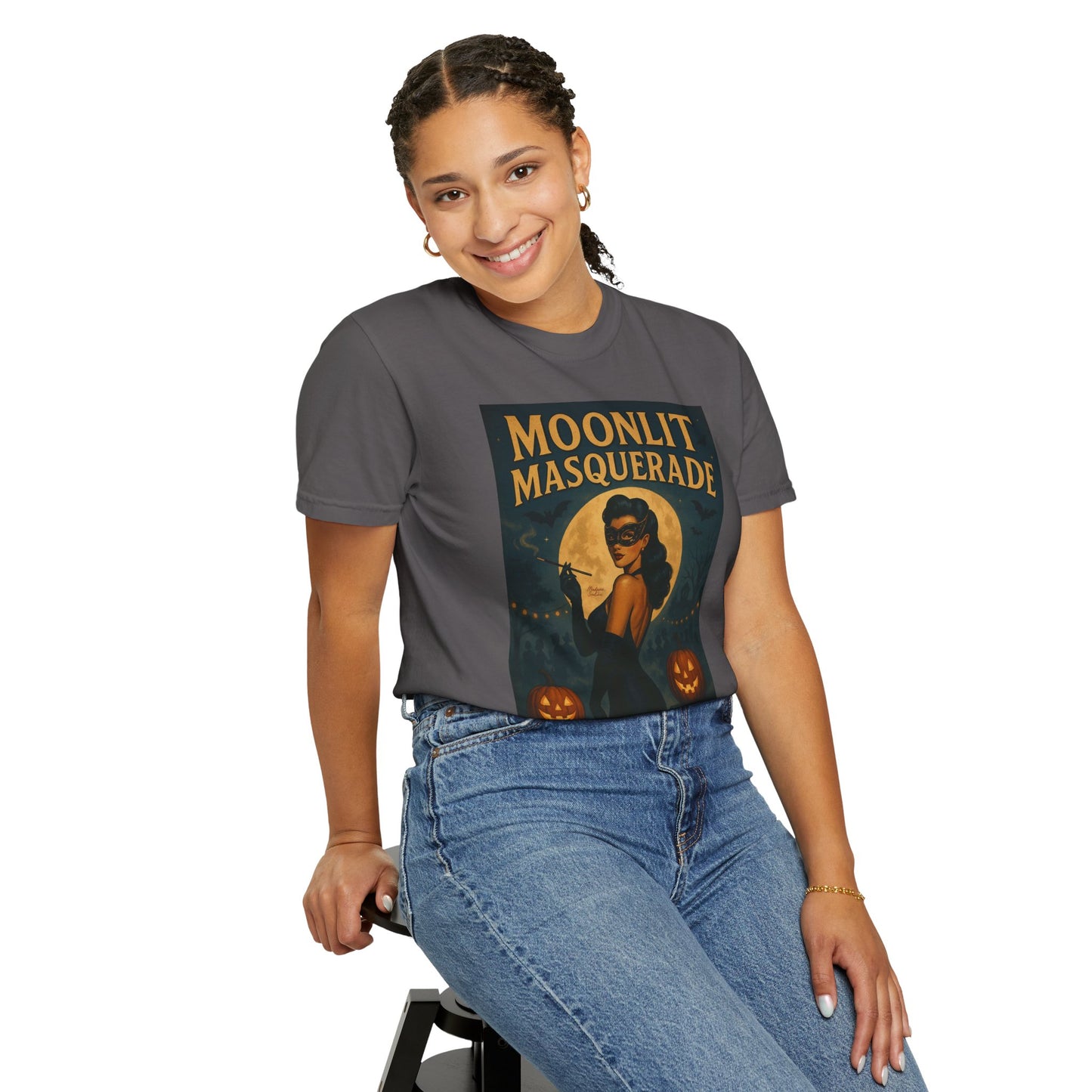 Moonlit Masquerade Halloween Unisex T-Shirt – Retro Vintage Masquerade Ball Graphic Tee, Spooky Horror Top - Madame Soulière