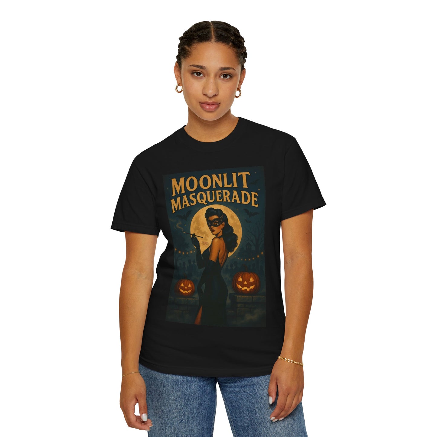 Moonlit Masquerade Halloween Unisex T-Shirt – Retro Vintage Masquerade Ball Graphic Tee, Spooky Horror Top - Madame Soulière