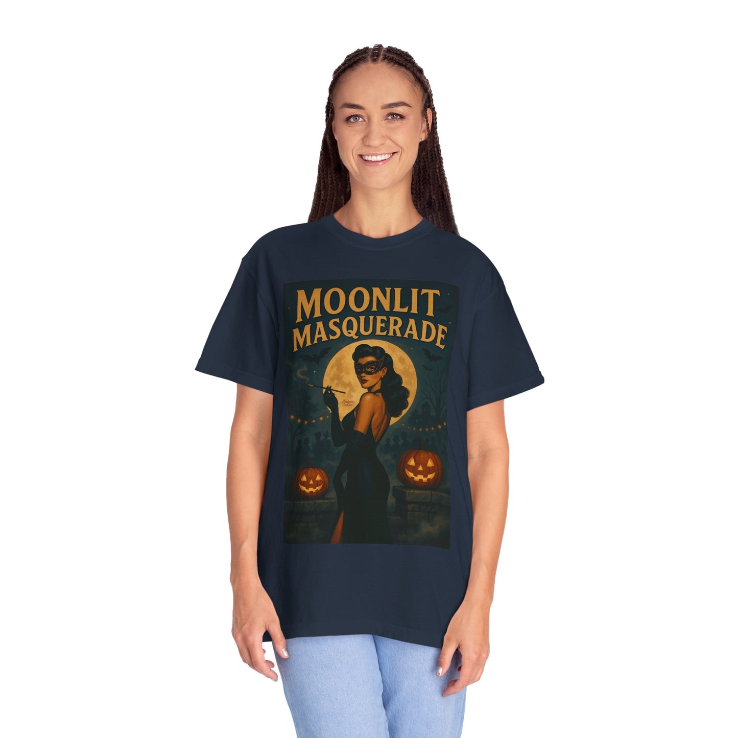 Moonlit Masquerade Halloween Unisex T-Shirt – Retro Vintage Masquerade Ball Graphic Tee, Spooky Horror Top - Madame Soulière