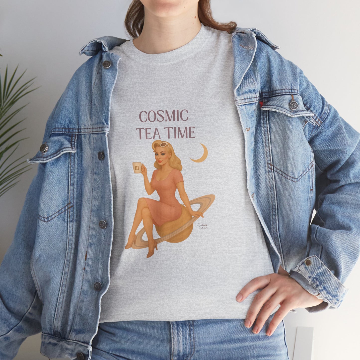 Cosmic Tea Time 111 Unisex T-Shirt – Retro Vintage Graphic Tee, Angel Number Shirt, Spiritual Pin Up Top, Unisex Cosmic Vibes Tee - Madame Soulière