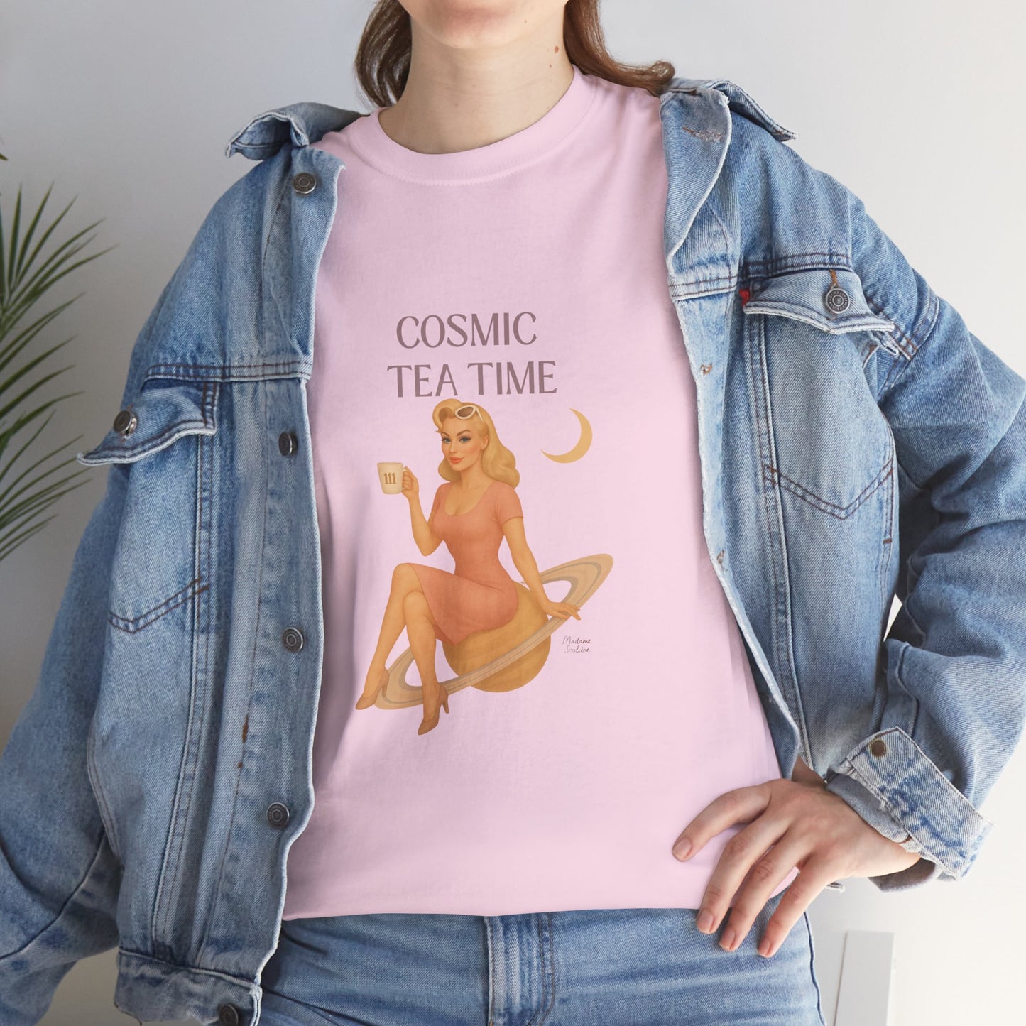 Cosmic Tea Time 111 Unisex T-Shirt – Retro Vintage Graphic Tee, Angel Number Shirt, Spiritual Pin Up Top, Unisex Cosmic Vibes Tee - Madame Soulière