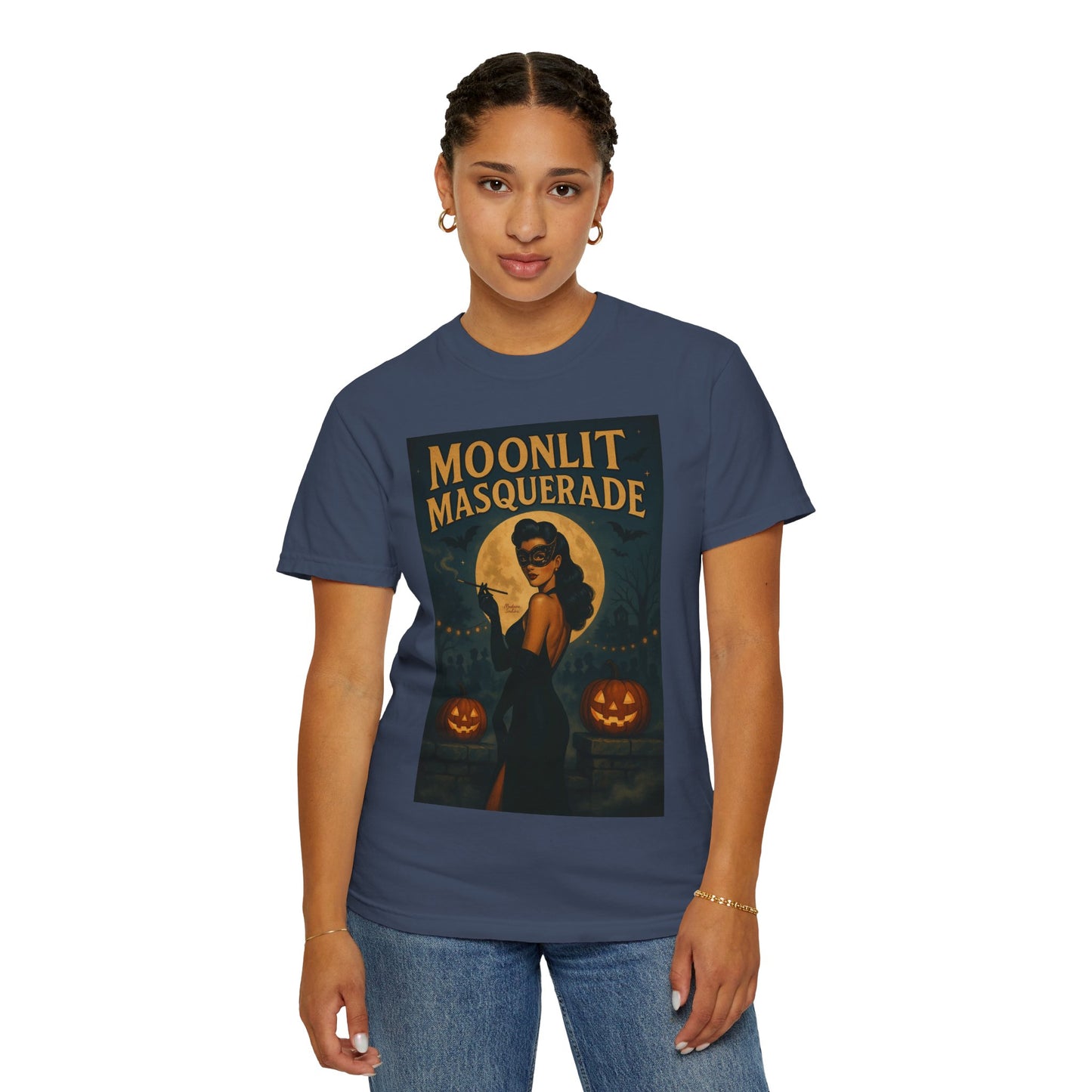 Moonlit Masquerade Halloween Unisex T-Shirt – Retro Vintage Masquerade Ball Graphic Tee, Spooky Horror Top - Madame Soulière
