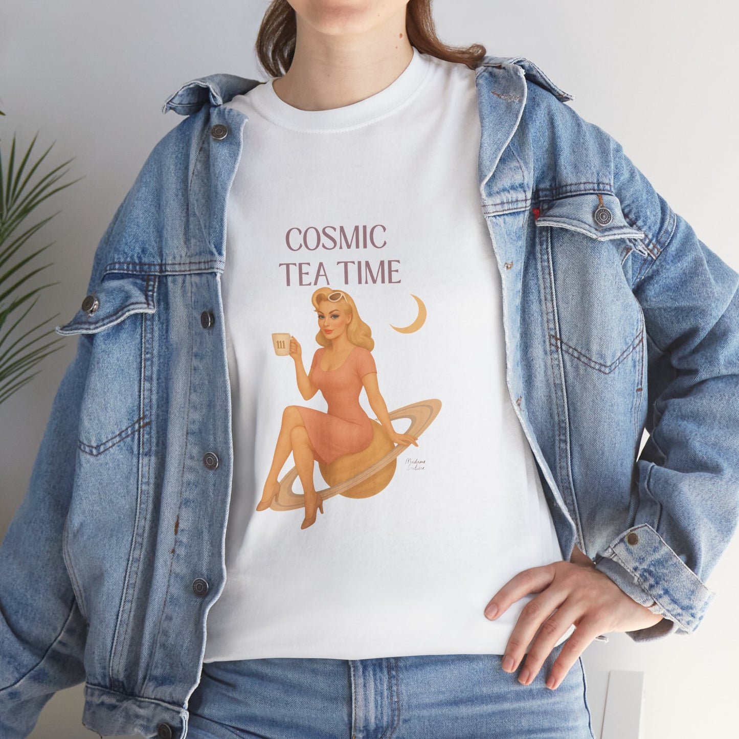 Cosmic Tea Time 111 Unisex T-Shirt – Retro Vintage Graphic Tee, Angel Number Shirt, Spiritual Pin Up Top, Unisex Cosmic Vibes Tee - Madame Soulière