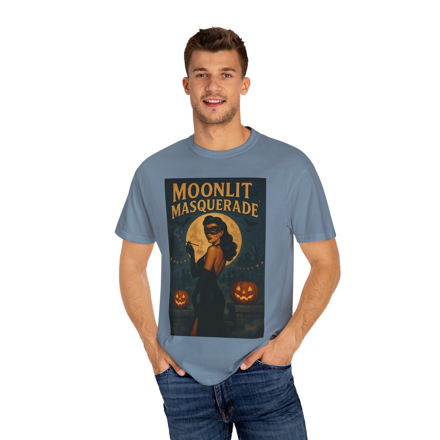 Moonlit Masquerade Halloween Unisex T-Shirt – Retro Vintage Masquerade Ball Graphic Tee, Spooky Horror Top - Madame Soulière