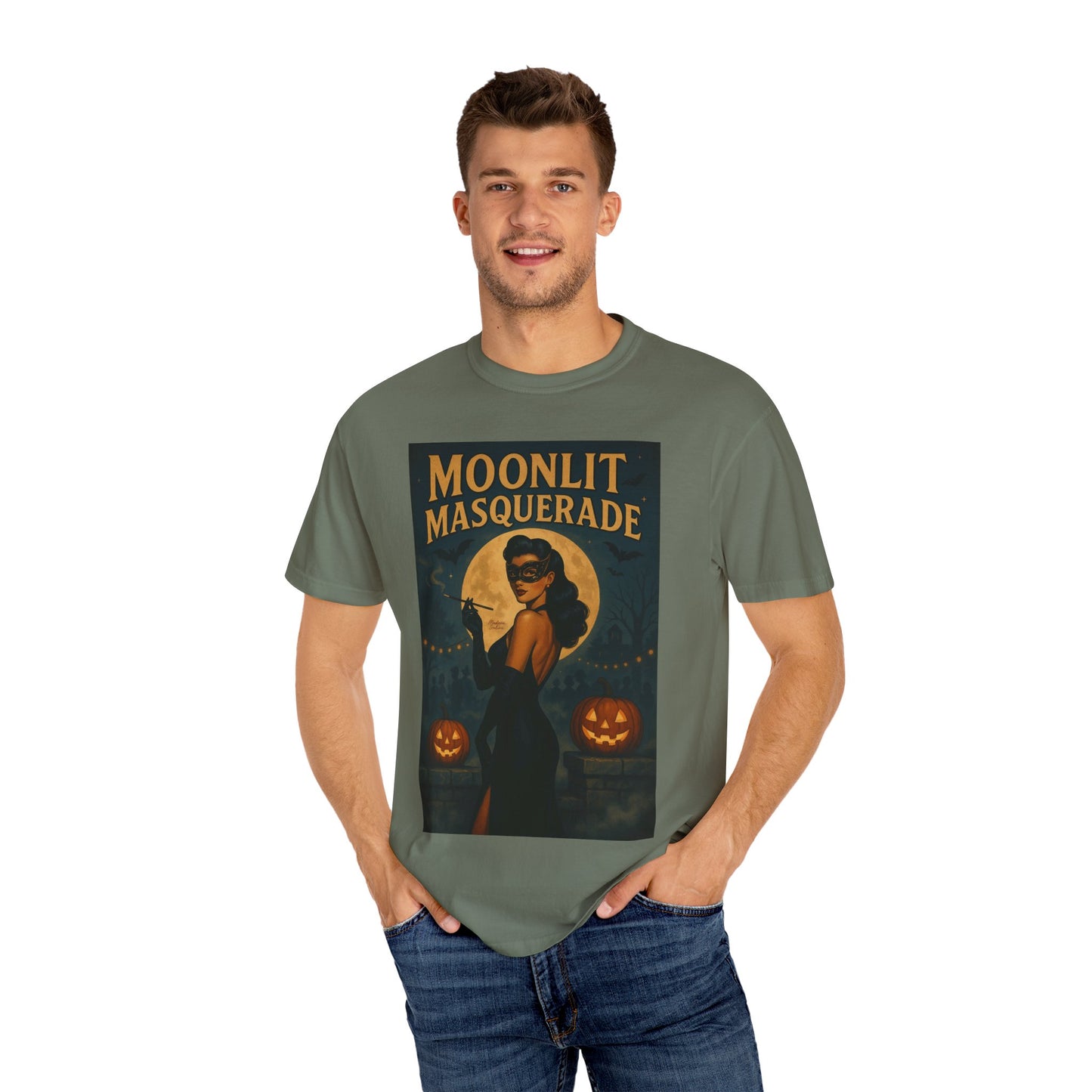 Moonlit Masquerade Halloween Unisex T-Shirt – Retro Vintage Masquerade Ball Graphic Tee, Spooky Horror Top - Madame Soulière