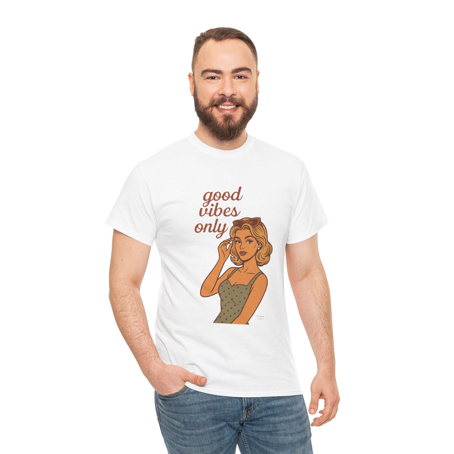 Retro Graphic Unisex T-Shirt – Good Vibes Only Vintage Pin Up Tee, 50s Inspired Feminine Empowerment Top, Spiritual Positive Energy Shirt - Madame Soulière