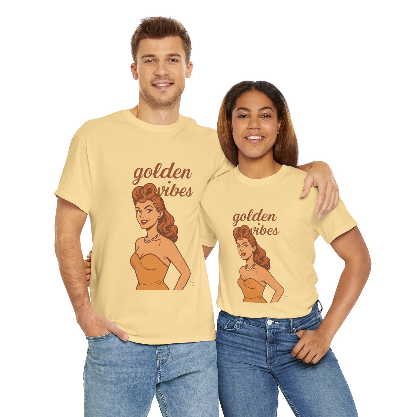 Golden Vibes – Retro Pin-Up Graphic Tee | Unisex Vintage Aesthetic T-Shirt - Madame Soulière