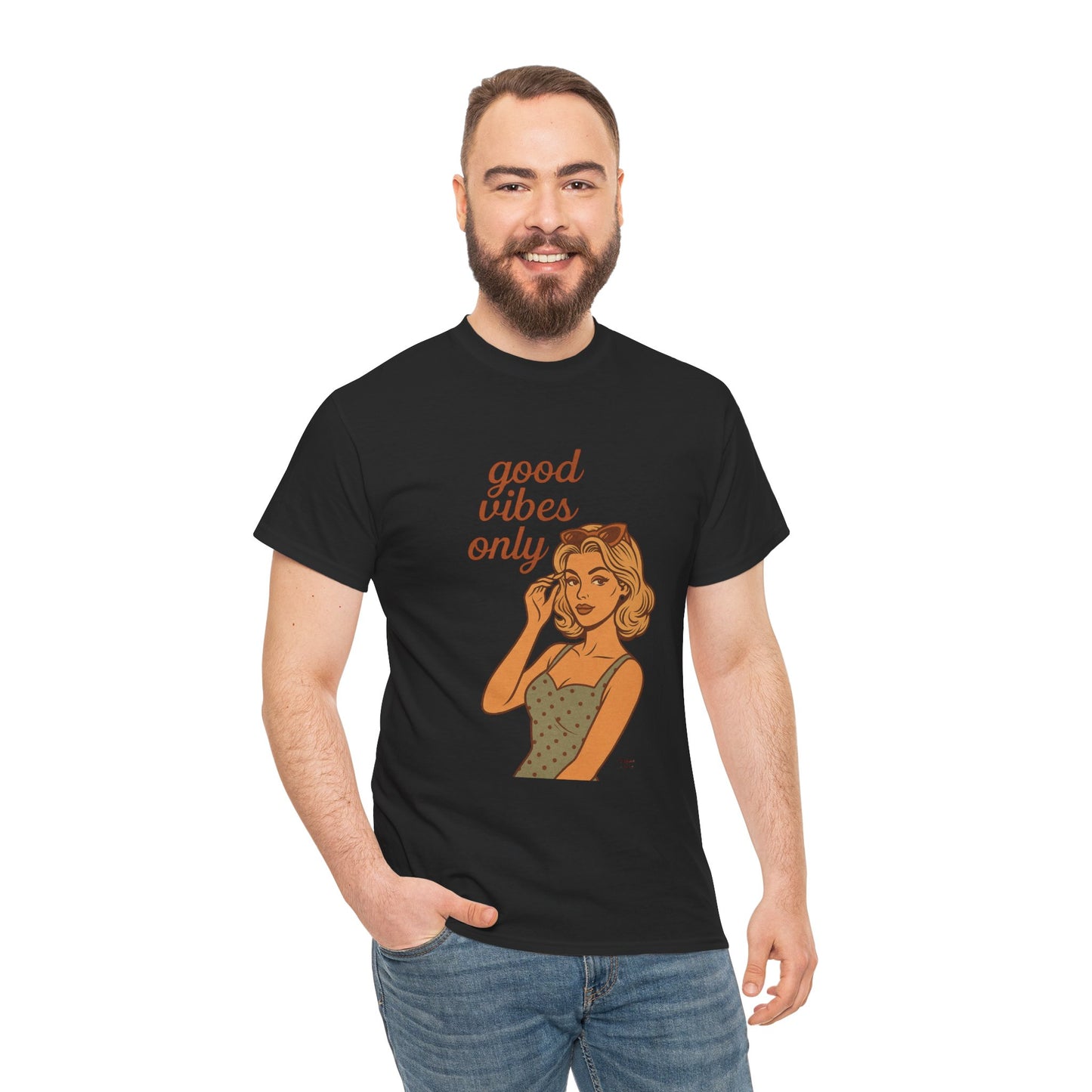 Retro Graphic Unisex T-Shirt – Good Vibes Only Vintage Pin Up Tee, 50s Inspired Feminine Empowerment Top, Spiritual Positive Energy Shirt - Madame Soulière