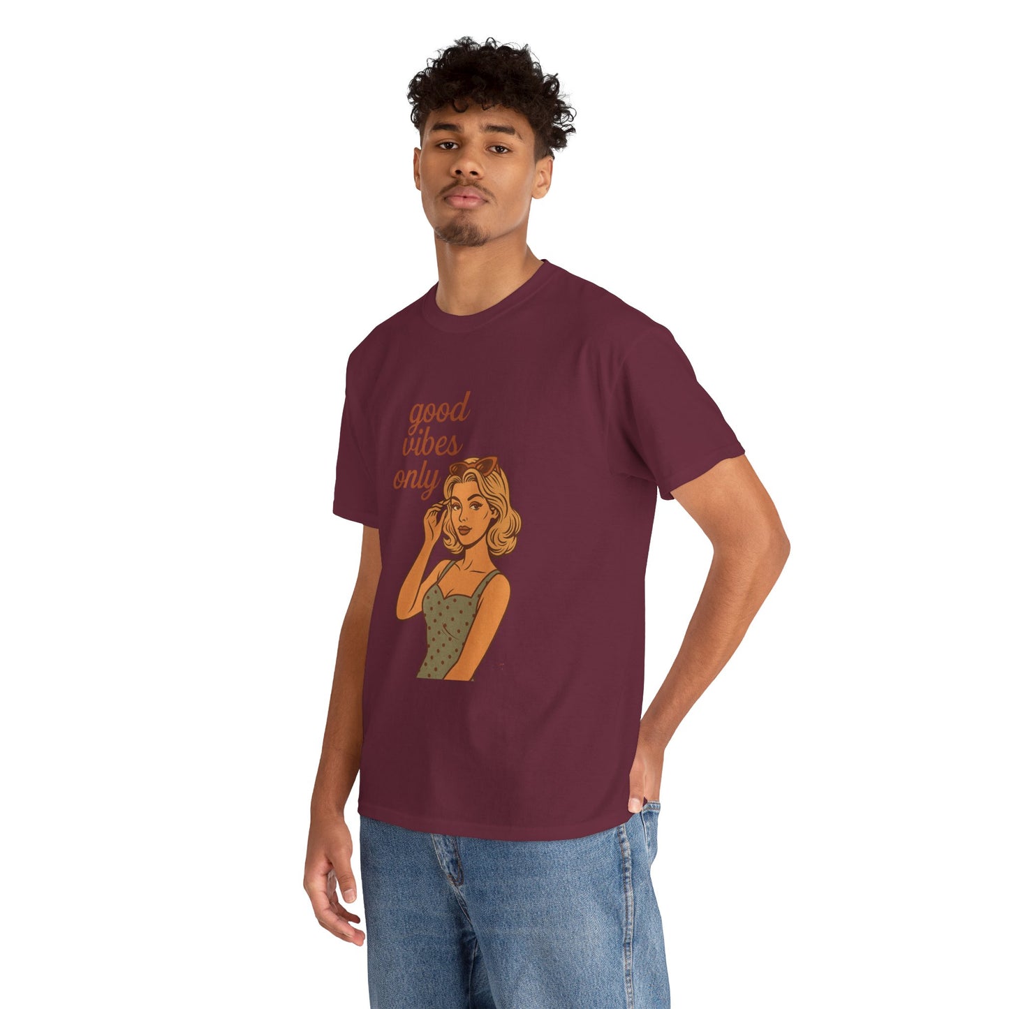 Retro Graphic Unisex T-Shirt – Good Vibes Only Vintage Pin Up Tee, 50s Inspired Feminine Empowerment Top, Spiritual Positive Energy Shirt - Madame Soulière