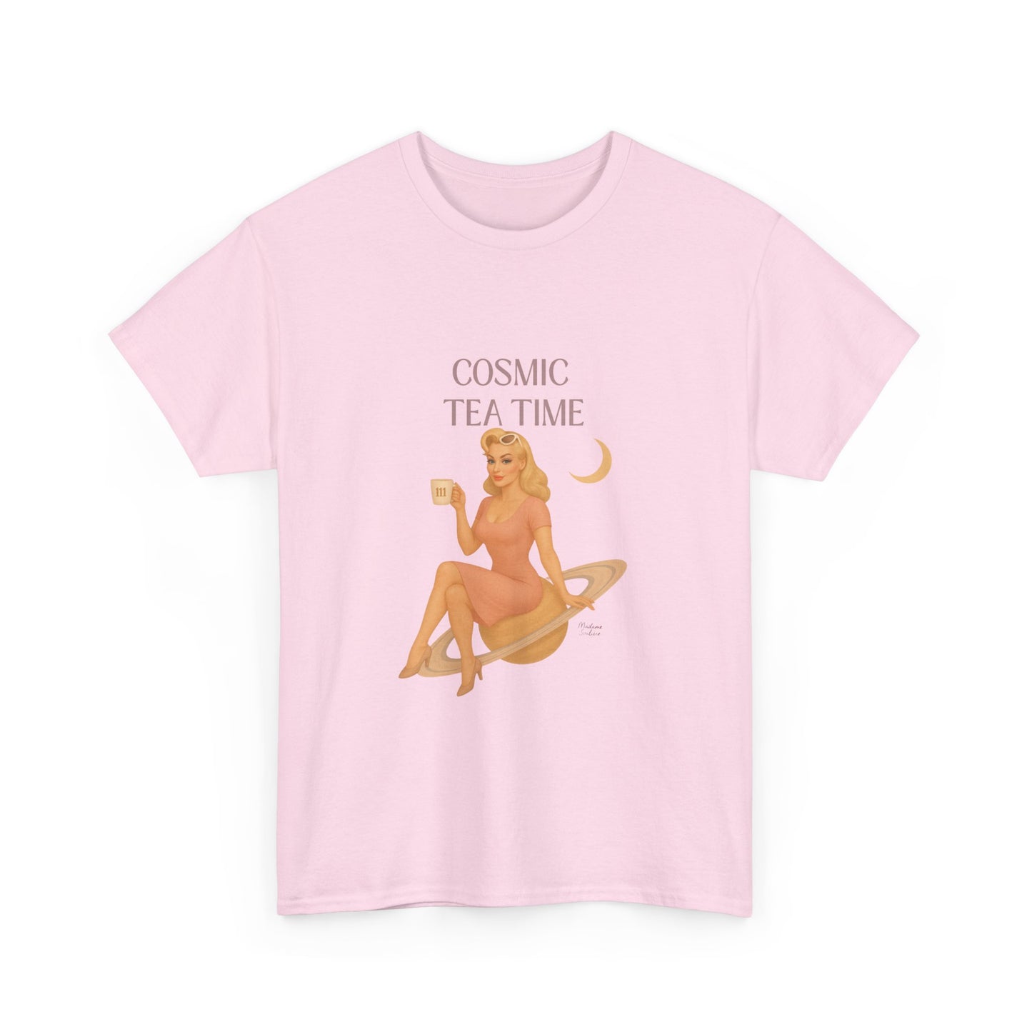 Cosmic Tea Time 111 Unisex T-Shirt – Retro Vintage Graphic Tee, Angel Number Shirt, Spiritual Pin Up Top, Unisex Cosmic Vibes Tee - Madame Soulière