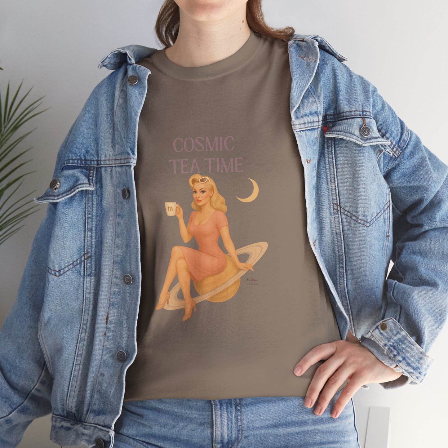 Cosmic Tea Time 111 Unisex T-Shirt – Retro Vintage Graphic Tee, Angel Number Shirt, Spiritual Pin Up Top, Unisex Cosmic Vibes Tee - Madame Soulière