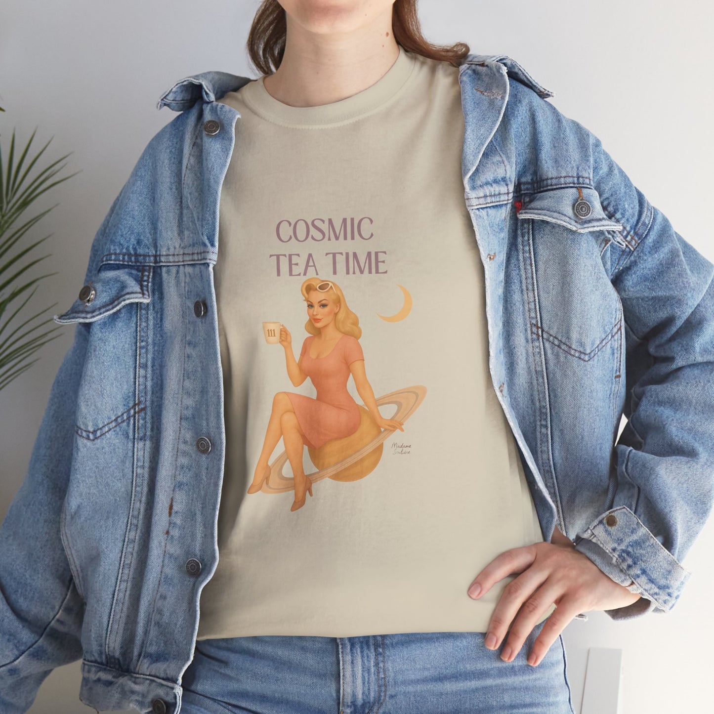 Cosmic Tea Time 111 Unisex T-Shirt – Retro Vintage Graphic Tee, Angel Number Shirt, Spiritual Pin Up Top, Unisex Cosmic Vibes Tee - Madame Soulière