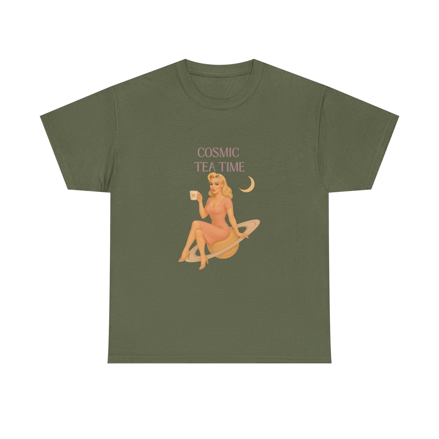 Cosmic Tea Time 111 Unisex T-Shirt – Retro Vintage Graphic Tee, Angel Number Shirt, Spiritual Pin Up Top, Unisex Cosmic Vibes Tee - Madame Soulière