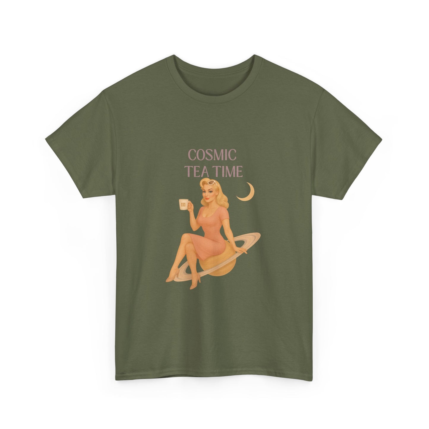 Cosmic Tea Time 111 Unisex T-Shirt – Retro Vintage Graphic Tee, Angel Number Shirt, Spiritual Pin Up Top, Unisex Cosmic Vibes Tee - Madame Soulière