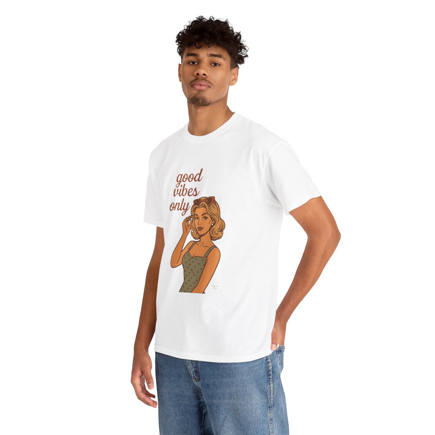 Retro Graphic Unisex T-Shirt – Good Vibes Only Vintage Pin Up Tee, 50s Inspired Feminine Empowerment Top, Spiritual Positive Energy Shirt - Madame Soulière