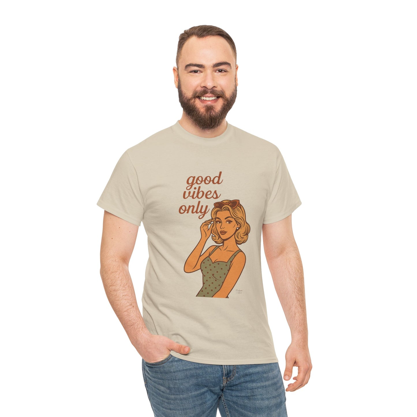 Retro Graphic Unisex T-Shirt – Good Vibes Only Vintage Pin Up Tee, 50s Inspired Feminine Empowerment Top, Spiritual Positive Energy Shirt - Madame Soulière