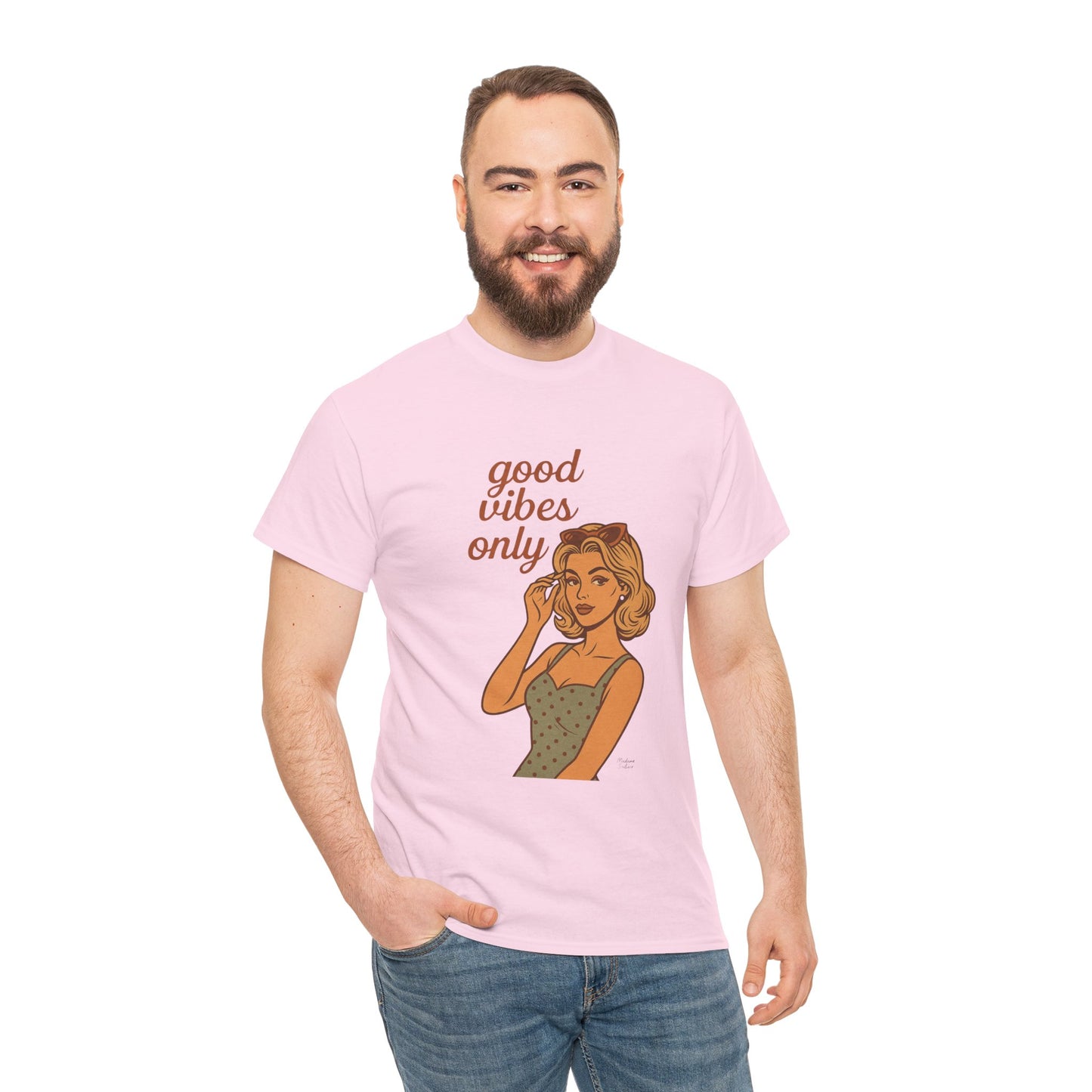 Retro Graphic Unisex T-Shirt – Good Vibes Only Vintage Pin Up Tee, 50s Inspired Feminine Empowerment Top, Spiritual Positive Energy Shirt - Madame Soulière