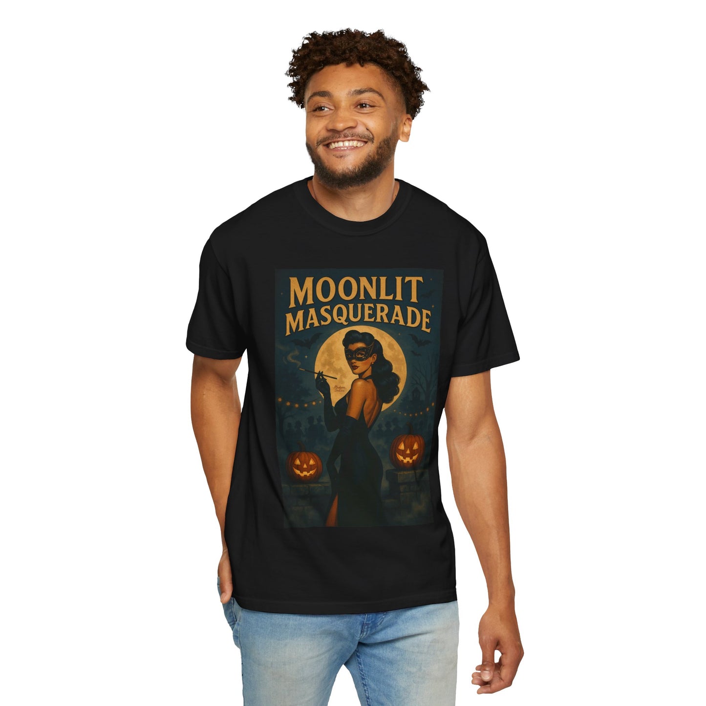 Moonlit Masquerade Halloween Unisex T-Shirt – Retro Vintage Masquerade Ball Graphic Tee, Spooky Horror Top - Madame Soulière