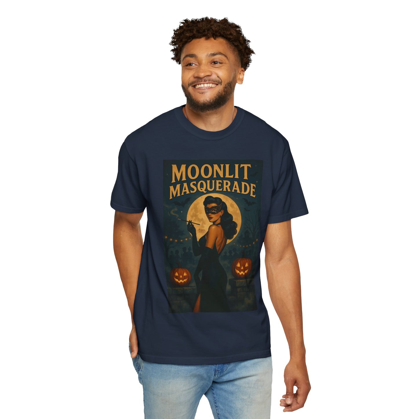 Moonlit Masquerade Halloween Unisex T-Shirt – Retro Vintage Masquerade Ball Graphic Tee, Spooky Horror Top - Madame Soulière