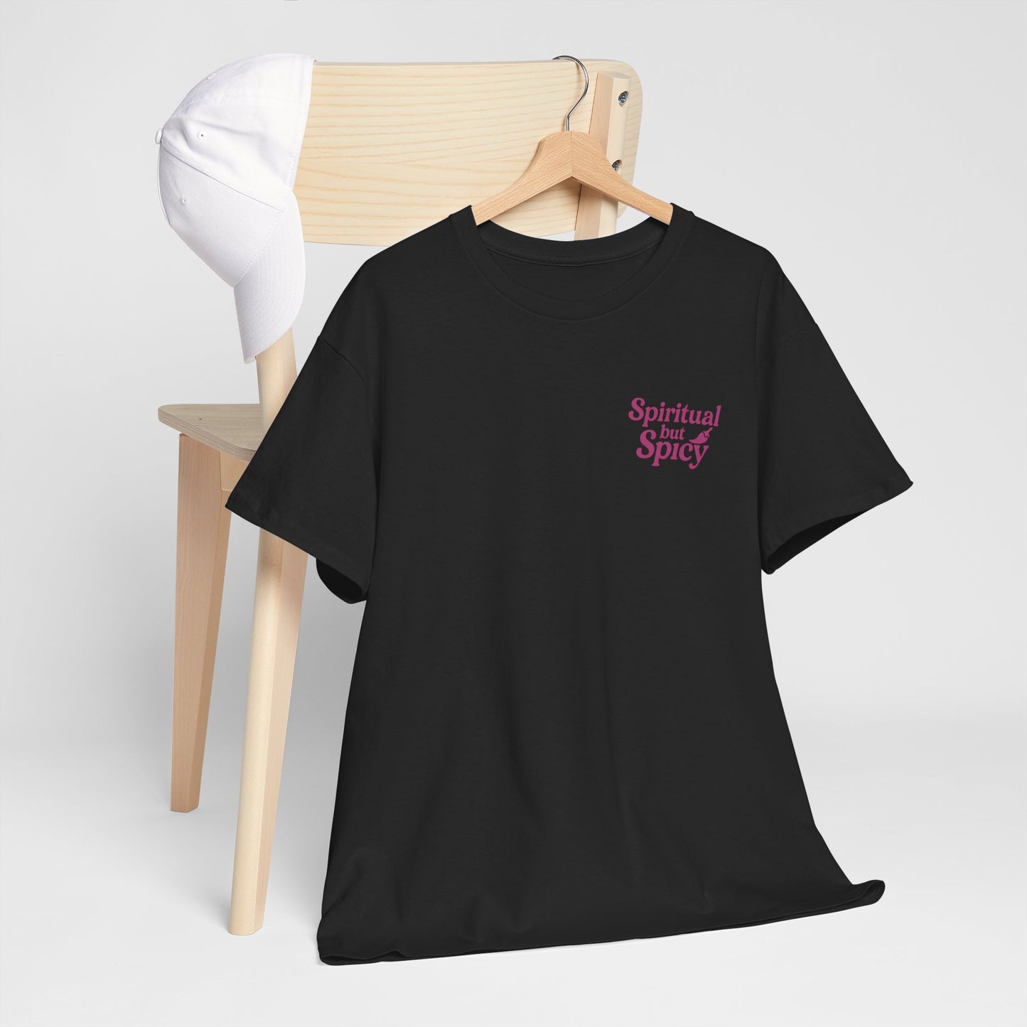 Spiritual but Spicy Unisex T-Shirt – Retro Mini Slogan Tee, Vintage Inspired Graphic Top, Feminine Statement Shirt - Madame Soulière