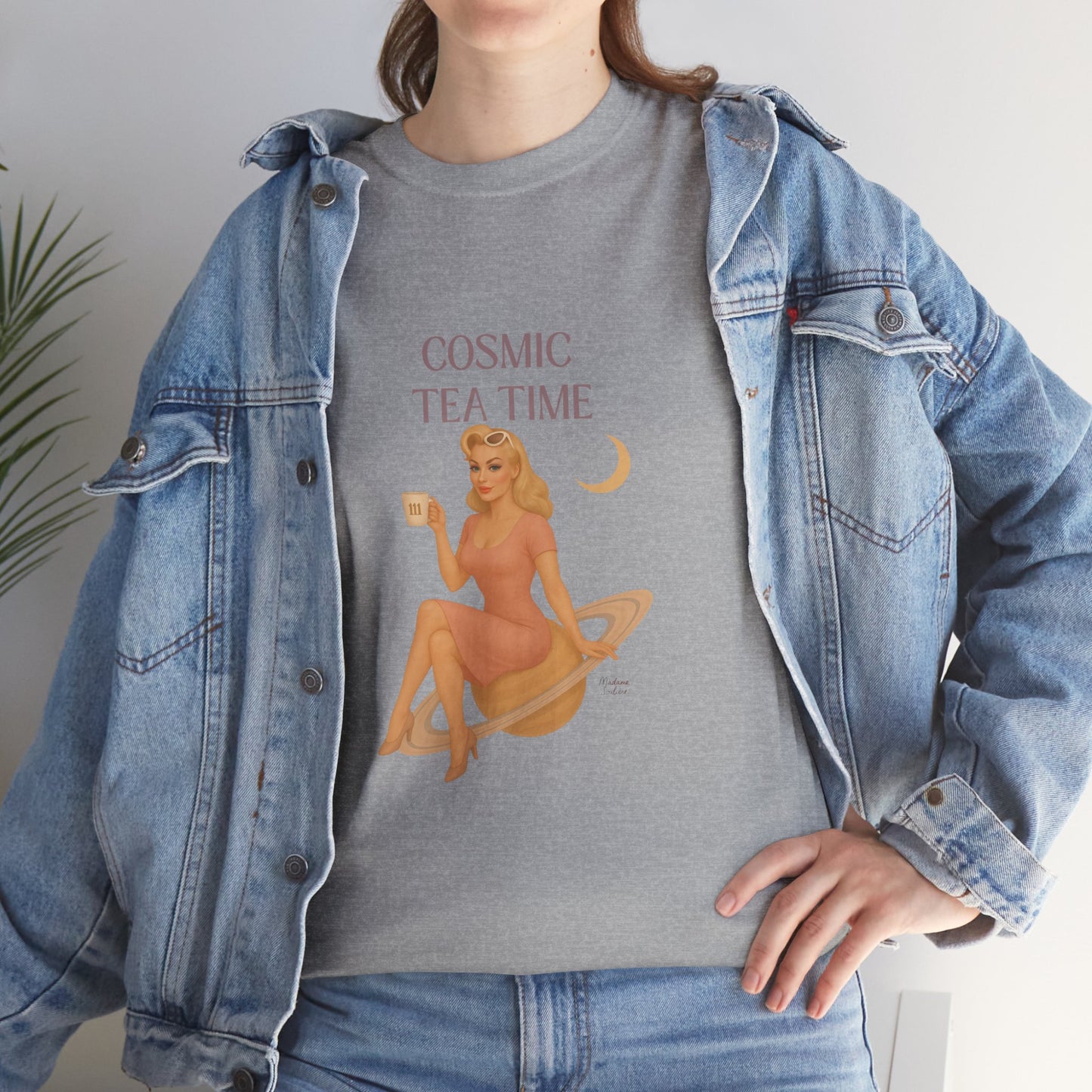 Cosmic Tea Time 111 Unisex T-Shirt – Retro Vintage Graphic Tee, Angel Number Shirt, Spiritual Pin Up Top, Unisex Cosmic Vibes Tee - Madame Soulière
