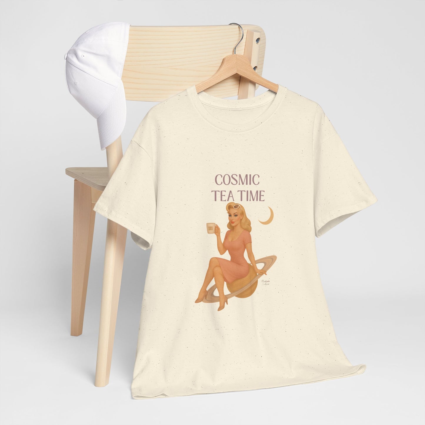 Cosmic Tea Time 111 Unisex T-Shirt – Retro Vintage Graphic Tee, Angel Number Shirt, Spiritual Pin Up Top, Unisex Cosmic Vibes Tee - Madame Soulière