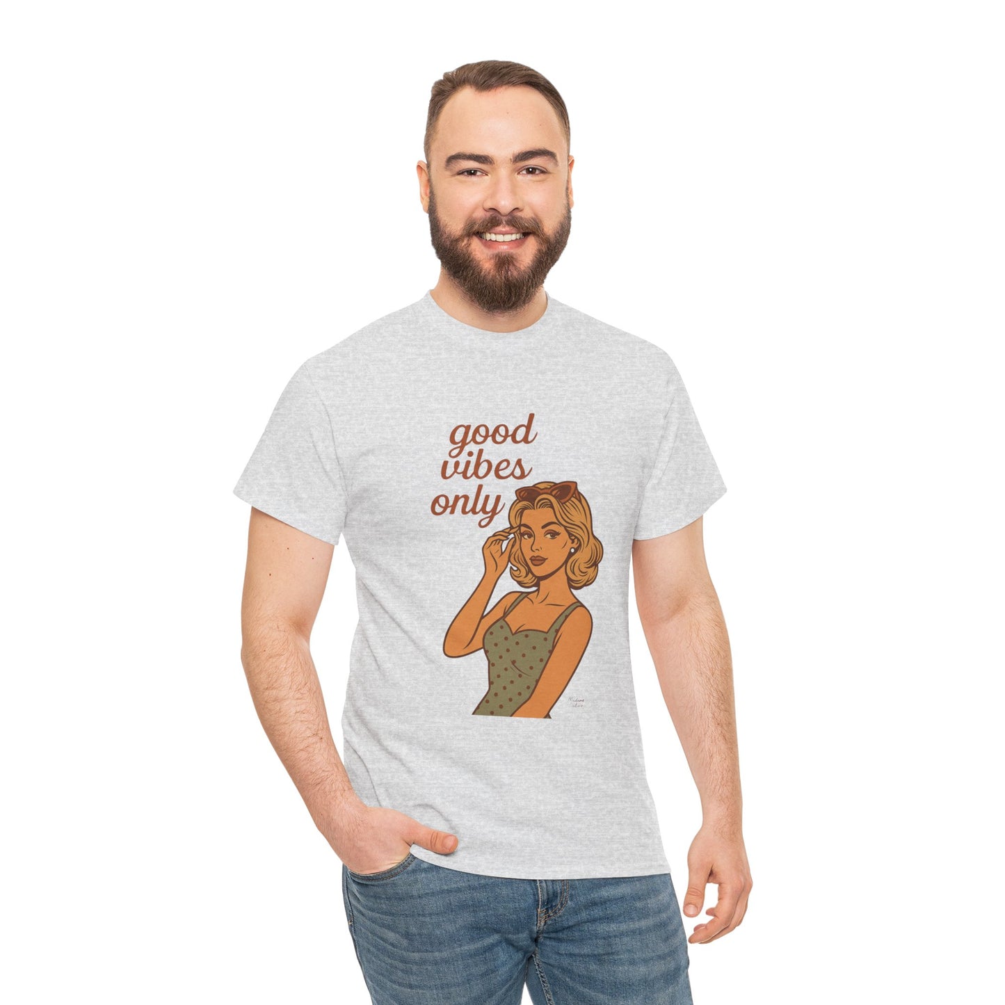 Retro Graphic Unisex T-Shirt – Good Vibes Only Vintage Pin Up Tee, 50s Inspired Feminine Empowerment Top, Spiritual Positive Energy Shirt - Madame Soulière