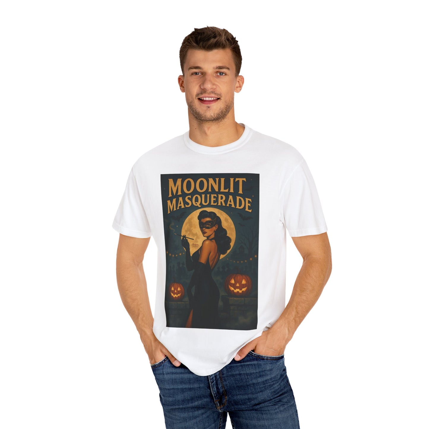 Moonlit Masquerade Halloween Unisex T-Shirt – Retro Vintage Masquerade Ball Graphic Tee, Spooky Horror Top - Madame Soulière