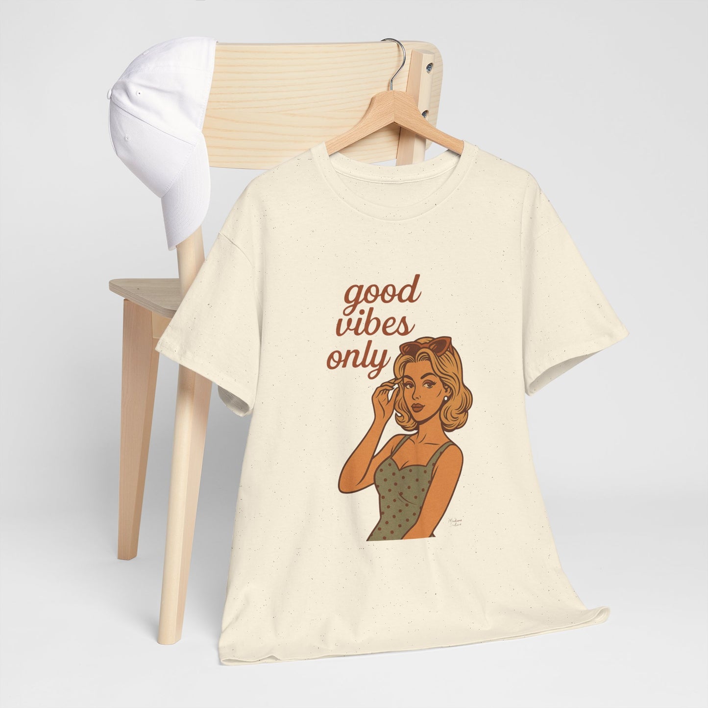Retro Graphic Unisex T-Shirt – Good Vibes Only Vintage Pin Up Tee, 50s Inspired Feminine Empowerment Top, Spiritual Positive Energy Shirt - Madame Soulière