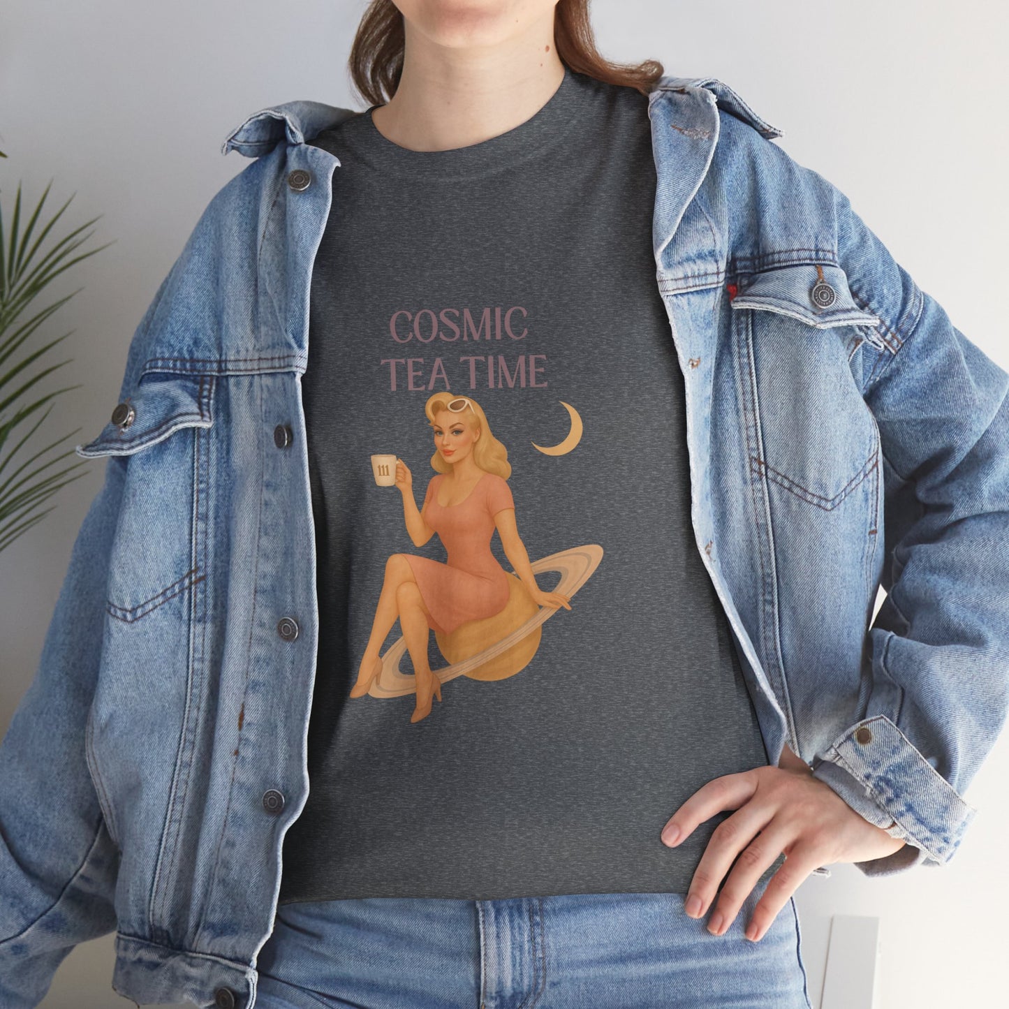 Cosmic Tea Time 111 Unisex T-Shirt – Retro Vintage Graphic Tee, Angel Number Shirt, Spiritual Pin Up Top, Unisex Cosmic Vibes Tee - Madame Soulière