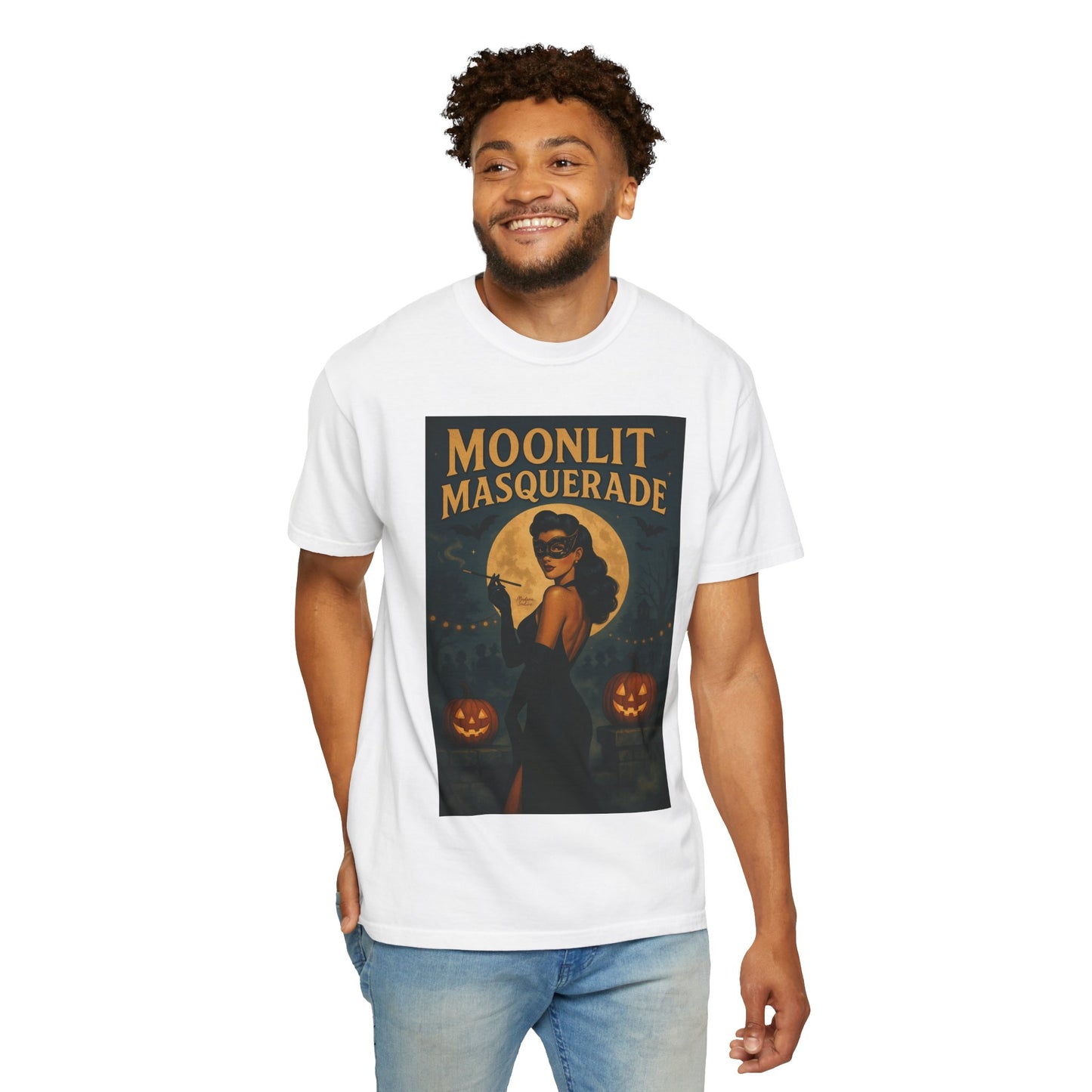 Moonlit Masquerade Halloween Unisex T-Shirt – Retro Vintage Masquerade Ball Graphic Tee, Spooky Horror Top - Madame Soulière