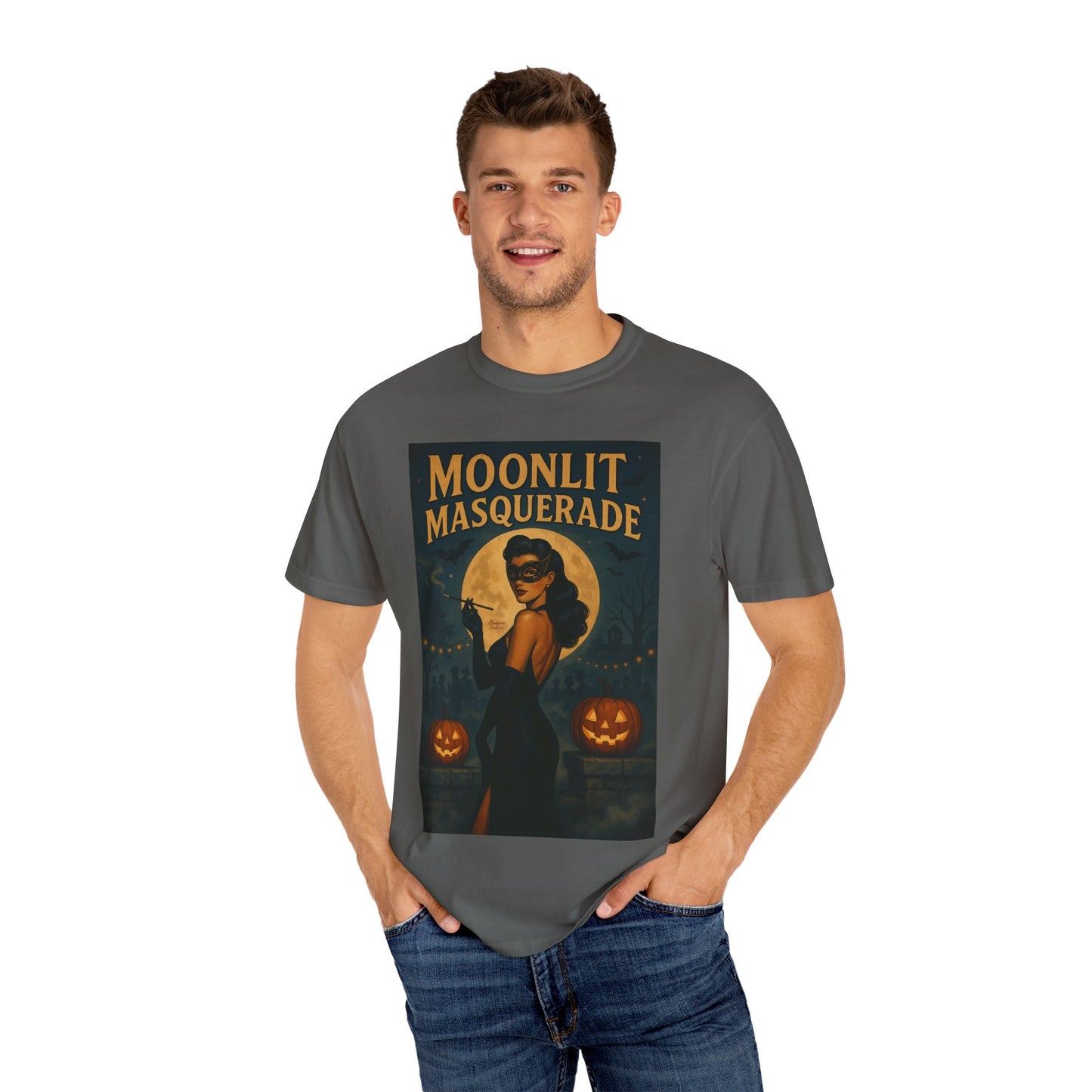 Moonlit Masquerade Halloween Unisex T-Shirt – Retro Vintage Masquerade Ball Graphic Tee, Spooky Horror Top - Madame Soulière
