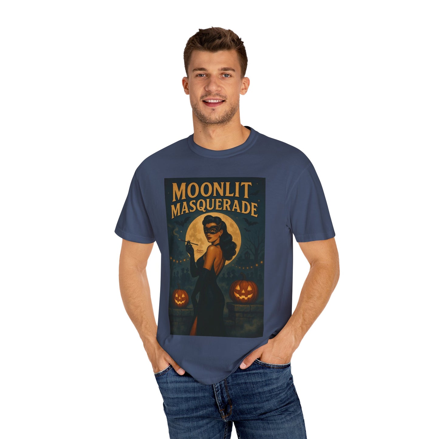 Moonlit Masquerade Halloween Unisex T-Shirt – Retro Vintage Masquerade Ball Graphic Tee, Spooky Horror Top - Madame Soulière