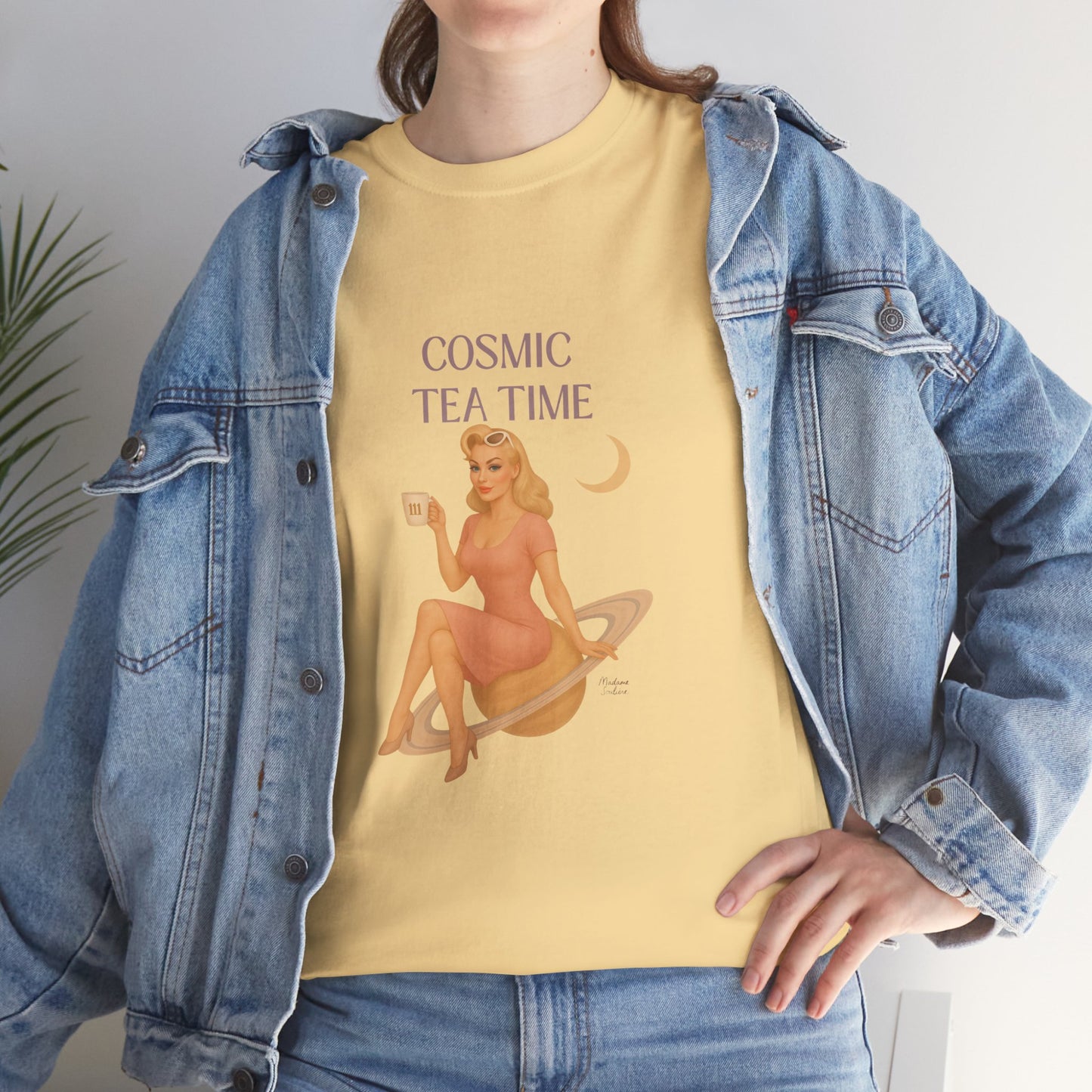 Cosmic Tea Time 111 Unisex T-Shirt – Retro Vintage Graphic Tee, Angel Number Shirt, Spiritual Pin Up Top, Unisex Cosmic Vibes Tee - Madame Soulière