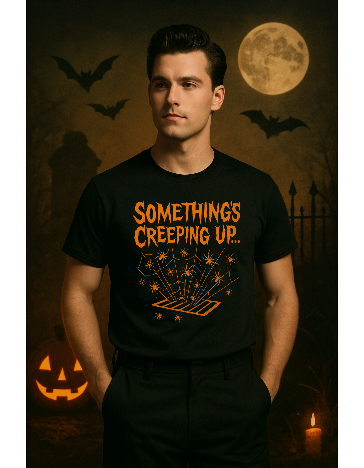 Halloween Creepy Unisex T-Shirt – Something’s Creeping Up Graphic Tee, Retro Vintage Spooky Top, Scary Season - Madame Soulière