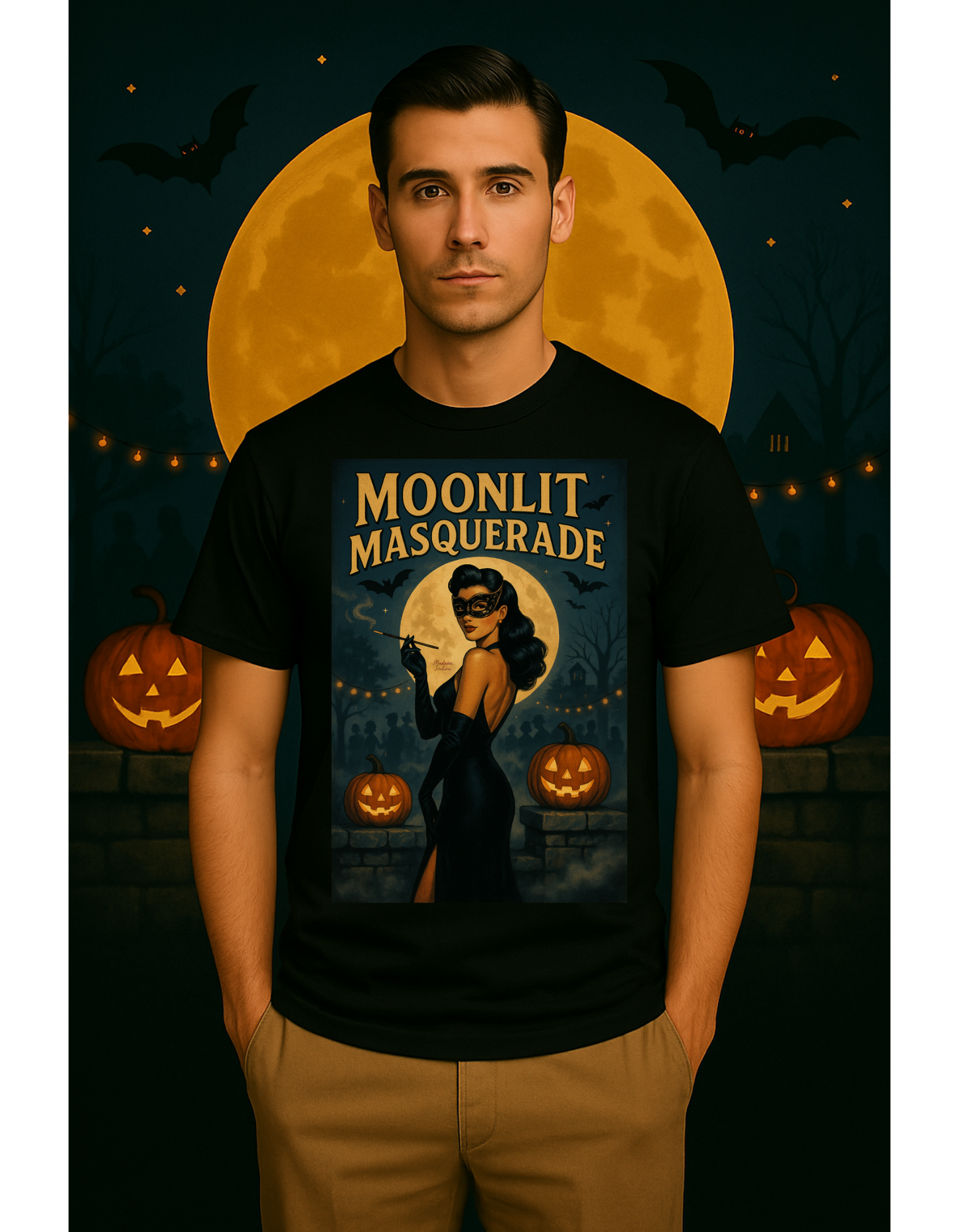 Moonlit Masquerade Halloween Unisex T-Shirt – Retro Vintage Masquerade Ball Graphic Tee, Spooky Horror Top - Madame Soulière