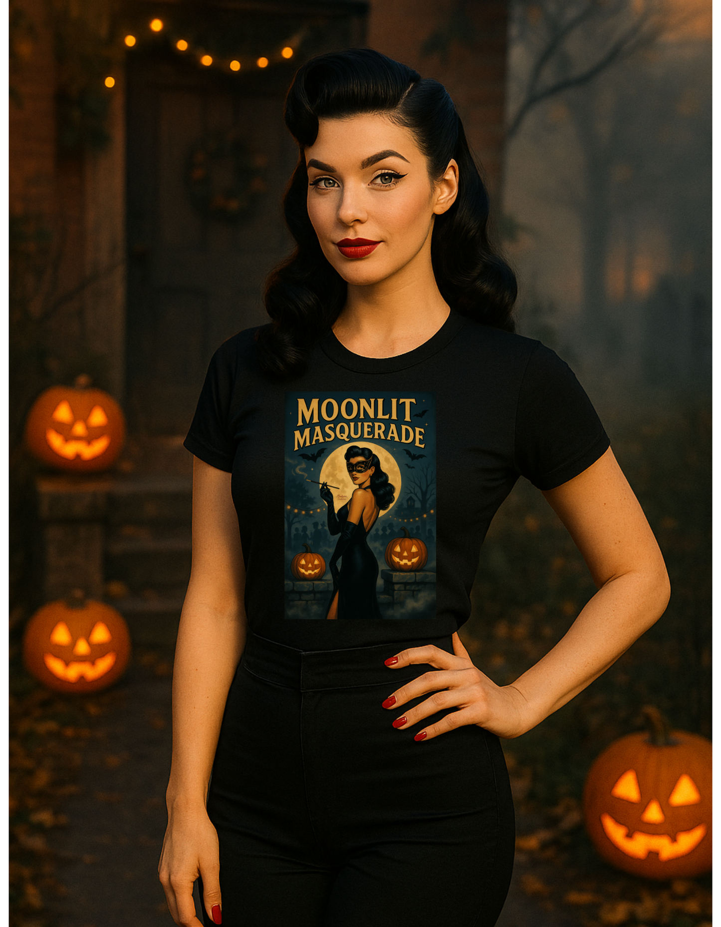 Moonlit Masquerade Halloween Unisex T-Shirt – Retro Vintage Masquerade Ball Graphic Tee, Spooky Horror Top - Madame Soulière