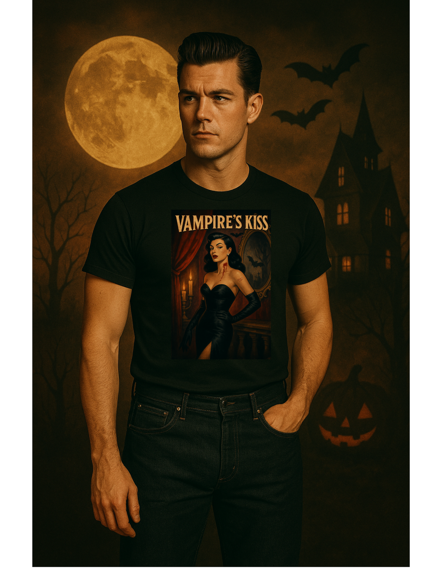 Vampire’s Kiss Halloween Unisex T-Shirt – Retro Vintage Vampire Graphic Tee, Spooky Horror Unisex Top, Gothic Scary Season Shirt - Madame Soulière